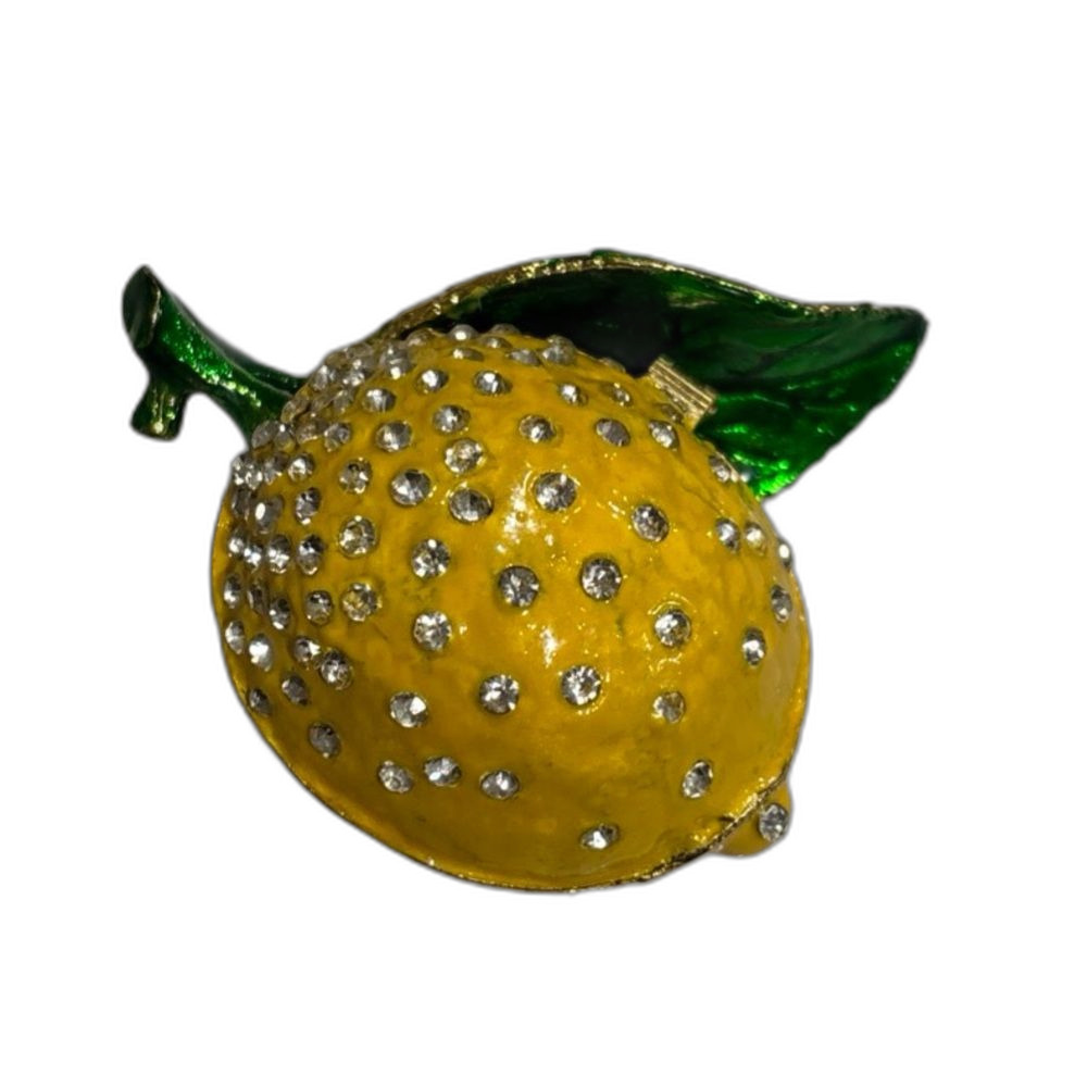 Yellow Lemon Pill Ring Box w/ Green Leaf & Rhinestones Hinged Accent Decor